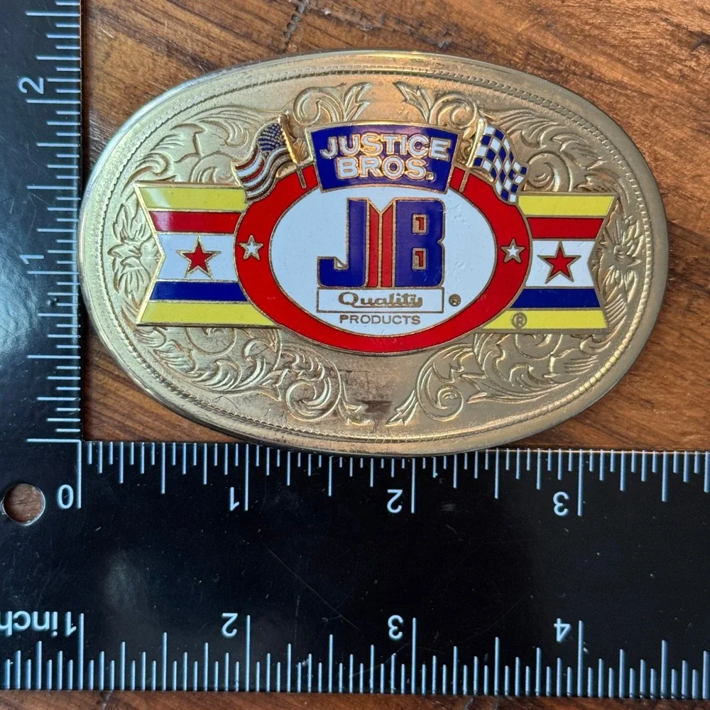 Vintage Justice Bros JB Racing Belt Buckle Gold‎ Tone Western Scrollwork Enamel